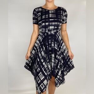 COREY LYNN CALTER Black Geo Print‎ Ivory Handkerchief Dress Petite Midi Party